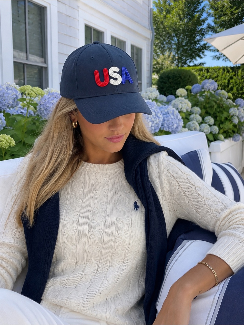 USA Beaded Navy Baseball Cap Americana Coastal Preppy Hat NWT